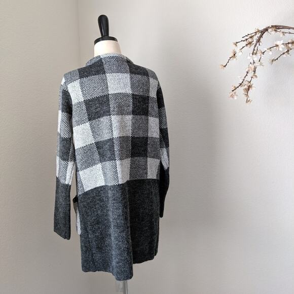 YAIRA Checkered Plaid Long Open Cardigan Jacket Sweater Check Patten Knit Medium - Picture 8 of 8